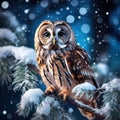 Tawny Owl snow covered in snowfall during winter snowy forest in background nature habitat. Wildlife scene from Slovakia Royalty Free Stock Photo