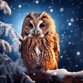 Tawny Owl snow covered in snowfall during winter snowy forest in background nature habitat. Wildlife scene from Slovakia Royalty Free Stock Photo