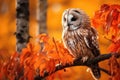 Tawny Owl Strix aluco sitting on a branch in autumn forest, Autumn in nature with owl. Ural Owl, Strix uralensis, sitting on tree Royalty Free Stock Photo