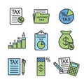 Tax concept with percentage paid, icon and income idea. Flat vector outline illustration