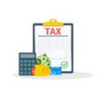 Tax. Concept tax payment. Data analysis, paperwork, financial research report and calculation of tax return. Payment of