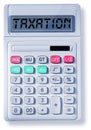 Tax concept with white calculator isolated on white backgrond and taxation text Royalty Free Stock Photo