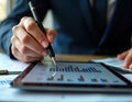 Tax consultant examines financial data on digital tablet. Expert reviews tax return details using digital pen. Closeup view of