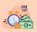 Tax day clock coins and bills vector design