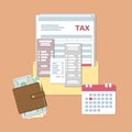 Tax day design. Payment State taxes and invoices. Open envelope with tax, checks, bills, purse with money, calendar with red