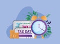 Tax day documents clock coins and leaves vector design