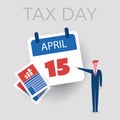 Tax Day Reminder Concept Design - Attention, Businessman Pointing to a Paper Calendar Page - USA Tax Payment Deadline, Due Date Royalty Free Stock Photo