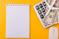 Tax Day, Top view flat lay closeup calculator and Dollar money