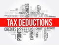 Tax Deductions - items you can subtract from your taxable income to lower the amount of taxes, word cloud concept background