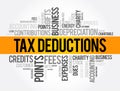 Tax Deductions - items you can subtract from your taxable income to lower the amount of taxes, word cloud concept background