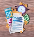 Tax documents calculator clock coins and bills vector design