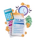 Tax documents coins bills calculator and clock vector design