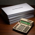 Tax Documents Stack and Calculator on Wooden Desk Royalty Free Stock Photo