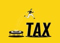 Tax evasion and tax avoidance concept. Businessman jump from trampoline over the tax. Creative vector illustration Royalty Free Stock Photo