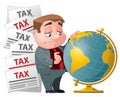 Tax evasion. Sad man looking for a place on the globe Royalty Free Stock Photo