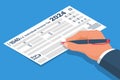 Tax Form 2024. Businessman writes US tax form. Data analysis, paperwork