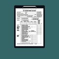 Tax form on the clipboard with magnifying glass. Unfilled minimalistic paper document. Government, State taxes. Payment day.