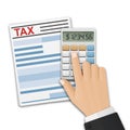 Tax form, and the man`s hand, count taxes on the calculator. Tax calculation, payment or return concept