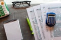 tax forms 1040, calculator pen glasses on office desk Royalty Free Stock Photo