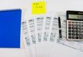 Tax forms 1040 with calculator and pen on the table. View from above. Financial document. Tax concept. Tax time on sticker. Royalty Free Stock Photo