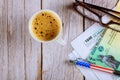 1040 tax forms top view with coffee cup and refund check, pencil with glasses Royalty Free Stock Photo