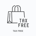 Tax free flat line icon. Vector outline illustration of shopping bag with label. Airport purchase thin linear pictogram