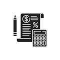 Tax government calculation black glyph icon. Report and financial statements. Bookkeeping and accounting. Button for web or mobile