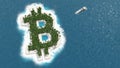 Tax haven, financial or wealth evasion on a Bitcoin shaped island. A luxury boat is sailing to the island.