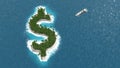 Tax haven, financial or wealth evasion on a dollar island. A luxury boat is sailing to the island. Royalty Free Stock Photo