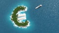 Tax haven, financial or wealth evasion on a euro island. A luxury boat is sailing to the island.