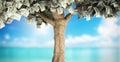 Tax holidays concept dollar tree with hundred dollar bills on summer background 3d illustration