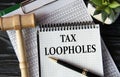 TAX LOOPHOLES - words on a white sheet on the background of a judge\'s gavel, a cactus and a pen