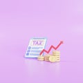 Tax payment and business tax concept. Money, coins, graph, and tax forms on purple background Royalty Free Stock Photo