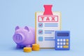 Tax payment and business concept. piggy bank, calculator and tax form on blue background. 3d illustration Royalty Free Stock Photo