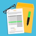Tax payment concept. Income tax form, document, marker highlighter and glasses