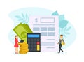 Tax Payment Concept, Tiny Business People Calculating Document for Taxes Flat Vector Illustration