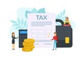 Tax Payment Concept, Tiny People Calculating Document for Taxes Flat Vector Illustration