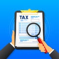 Tax payment form on Black Clipboard isolated on background. Pay the bills, invoices, payrolls. Vector illustration.