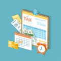 Tax payment. Government, State taxes. Payment day. Tax form on a clipboard, financial calendar, clock, money, cash, credit card