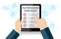 Tax Preparation Checklist on Tablet Infographic. Tax Return Deduction Concept