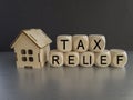 Tax relief symbol. Concept words \'tax relief\' on wooden blocks on gray table.