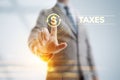 Tax report taxes payment business finance concept. Businessman pointing on virtual screen. Royalty Free Stock Photo