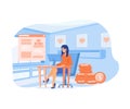 Tax Return Concept. Tiny Businesswoman Character Sitting at Workplace Desk with Computer near Huge Taxation Refund Document.