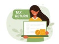 Tax return illustration concept. Registration tax refunds through web version. Girl with laptop and completed tax Royalty Free Stock Photo