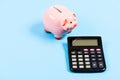 Tax savings. Piggy bank money savings. Investing gain profit. Pay taxes. Calculate taxes. Piggy bank pig and calculator Royalty Free Stock Photo