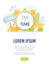 Tax time concept. Calendar with due date. Alarm clock, cash and coins. Vector