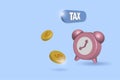 Tax time, tax filing concept. Clock alarm and gold coins falling for tax payment time. 3D vector