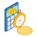 Tax time icon isometric vector. Percent icon retro pocket watch and calculator