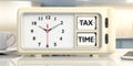Tax time text on retro alarm clock, blurry background. 3d illustration. Royalty Free Stock Photo