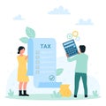 Taxation, finance analysis of tiny accountants holding calculator and tax declaration